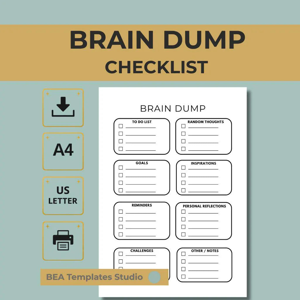 Brain Dump Worksheet Printable Minimalist Stress Relief Planner Page PDF English A4 US Letter