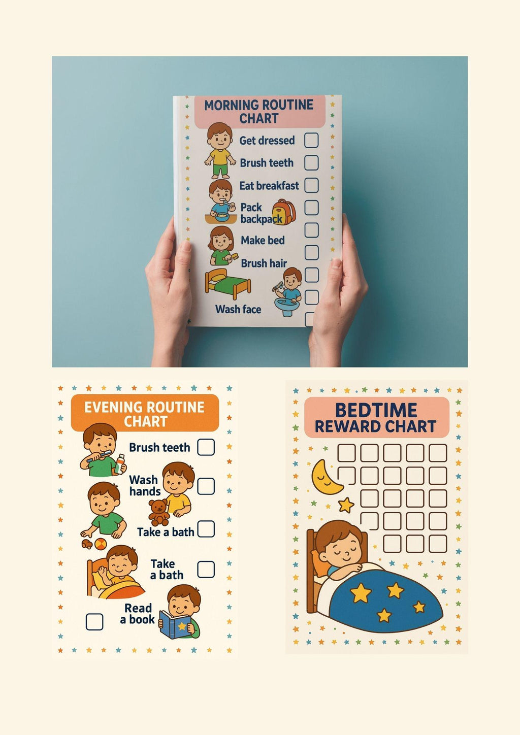 Kids Routine Chart Set Morning Evening Bedtime Printable PDF US Letter A4