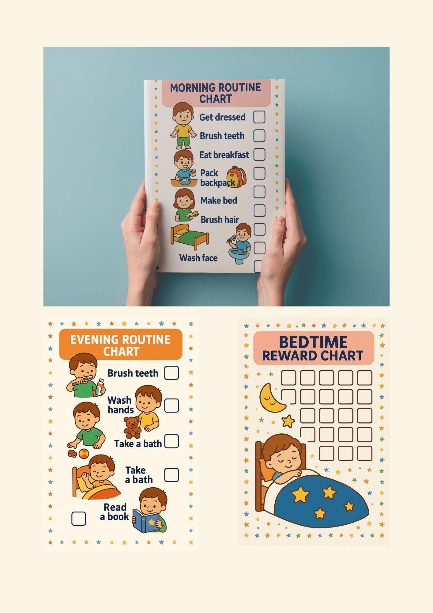 Kids Routine Chart Set Morning Evening Bedtime Printable PDF US Letter A4