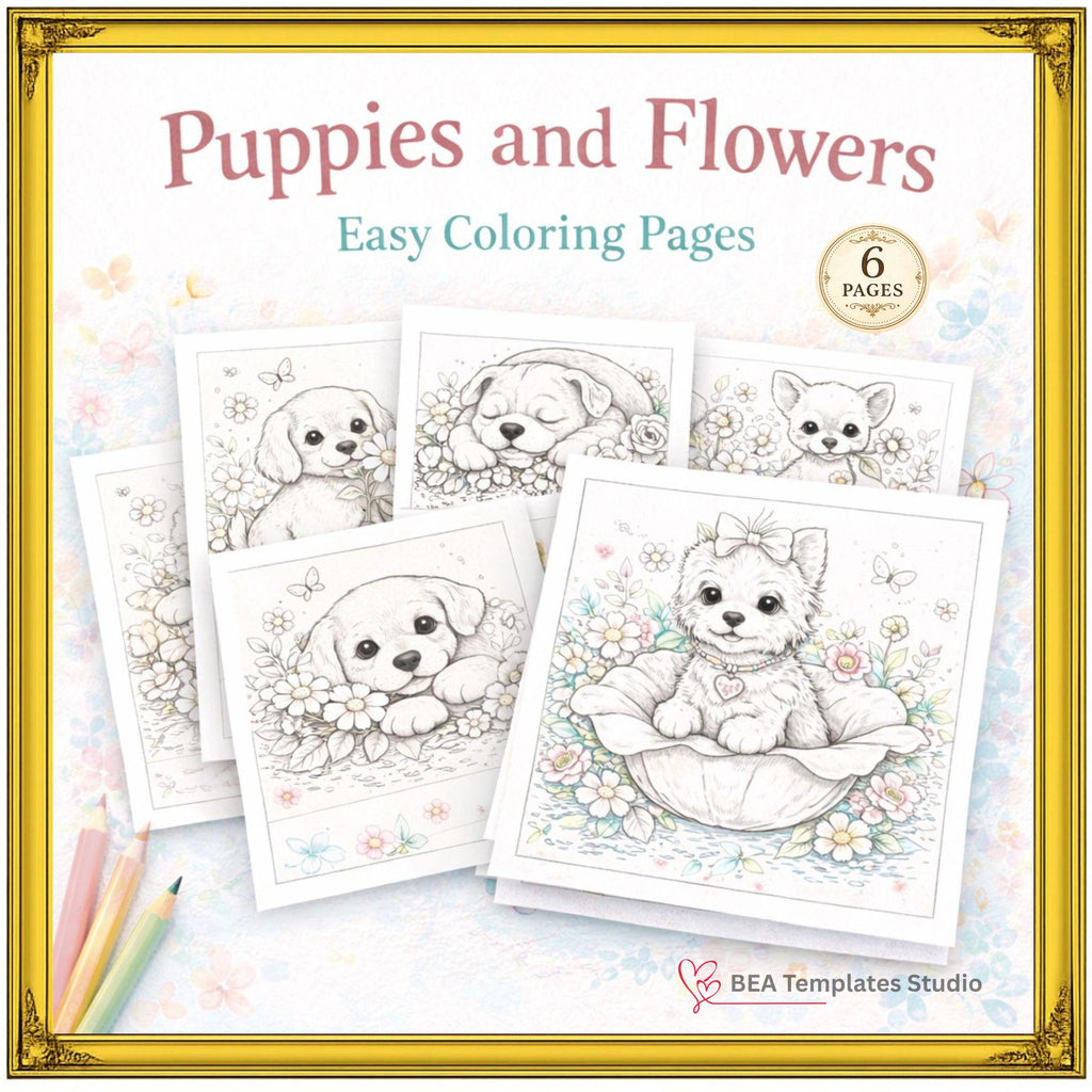 Puppies and Flowers Coloring Pages – 6 Cute-Dog Printable Pages for Kids – Instant Download PDF