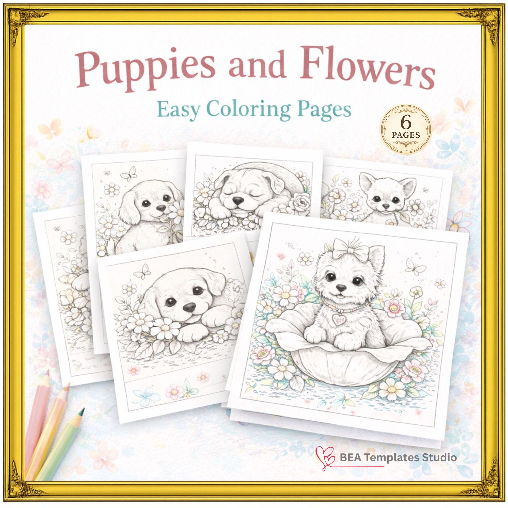 Puppies and Flowers Coloring Pages – 6 Cute-Dog Printable Pages for Kids – Instant Download PDF