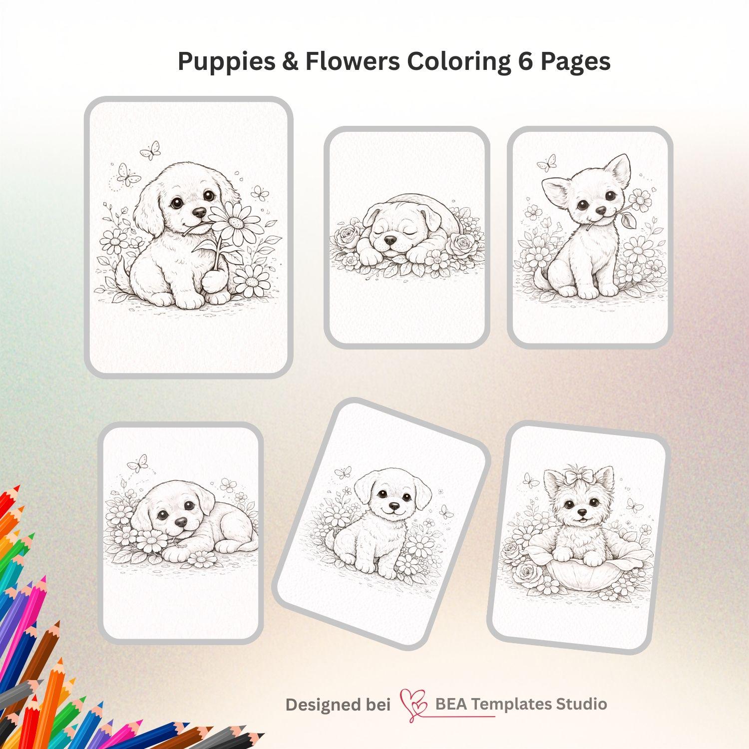Puppies and Flowers Coloring Pages – 6 Cute-Dog Printable Pages for Kids – Instant Download PDF