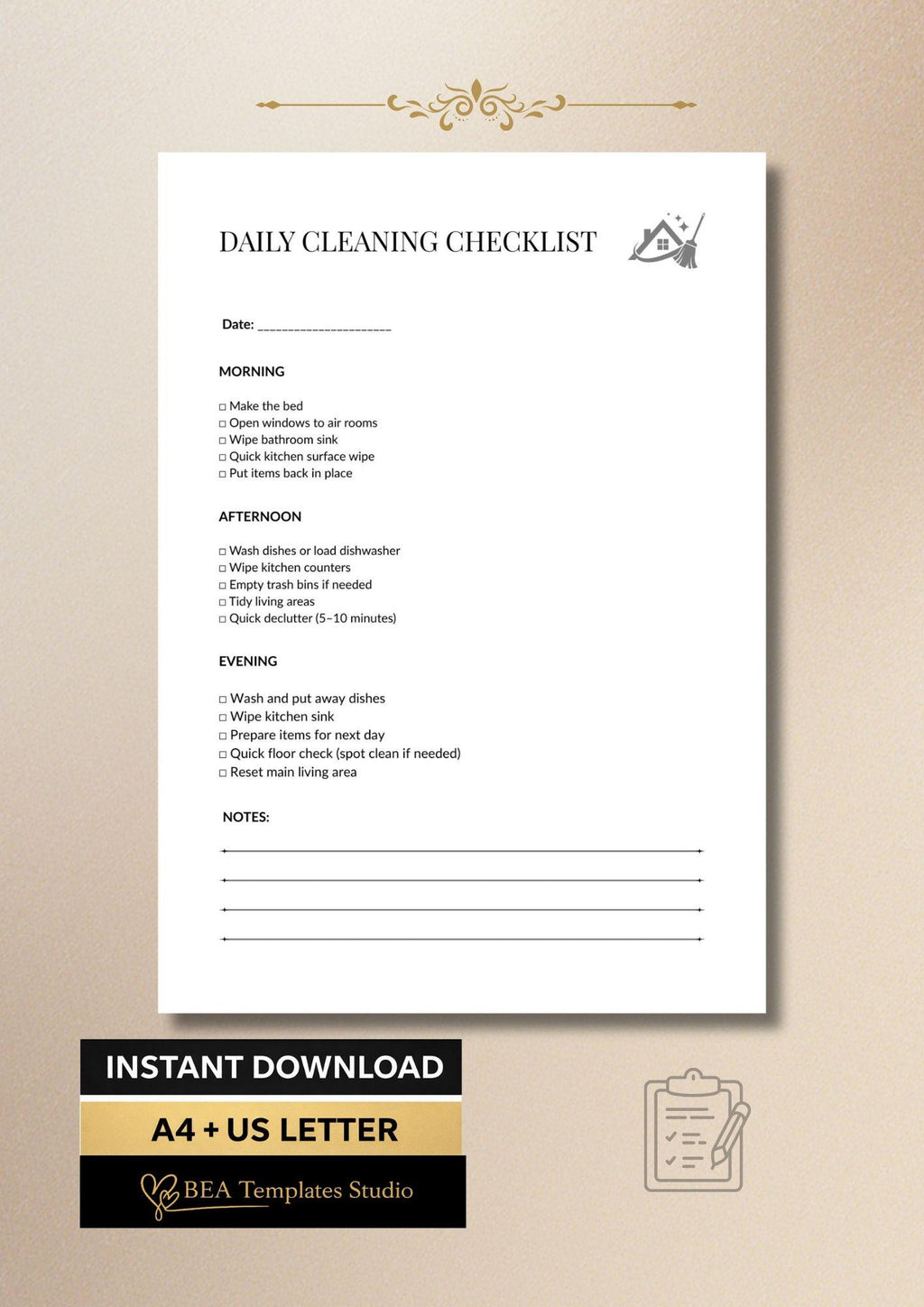Daily Cleaning Checklist, House Cleaning Planner, Chore List A4 US Letter
