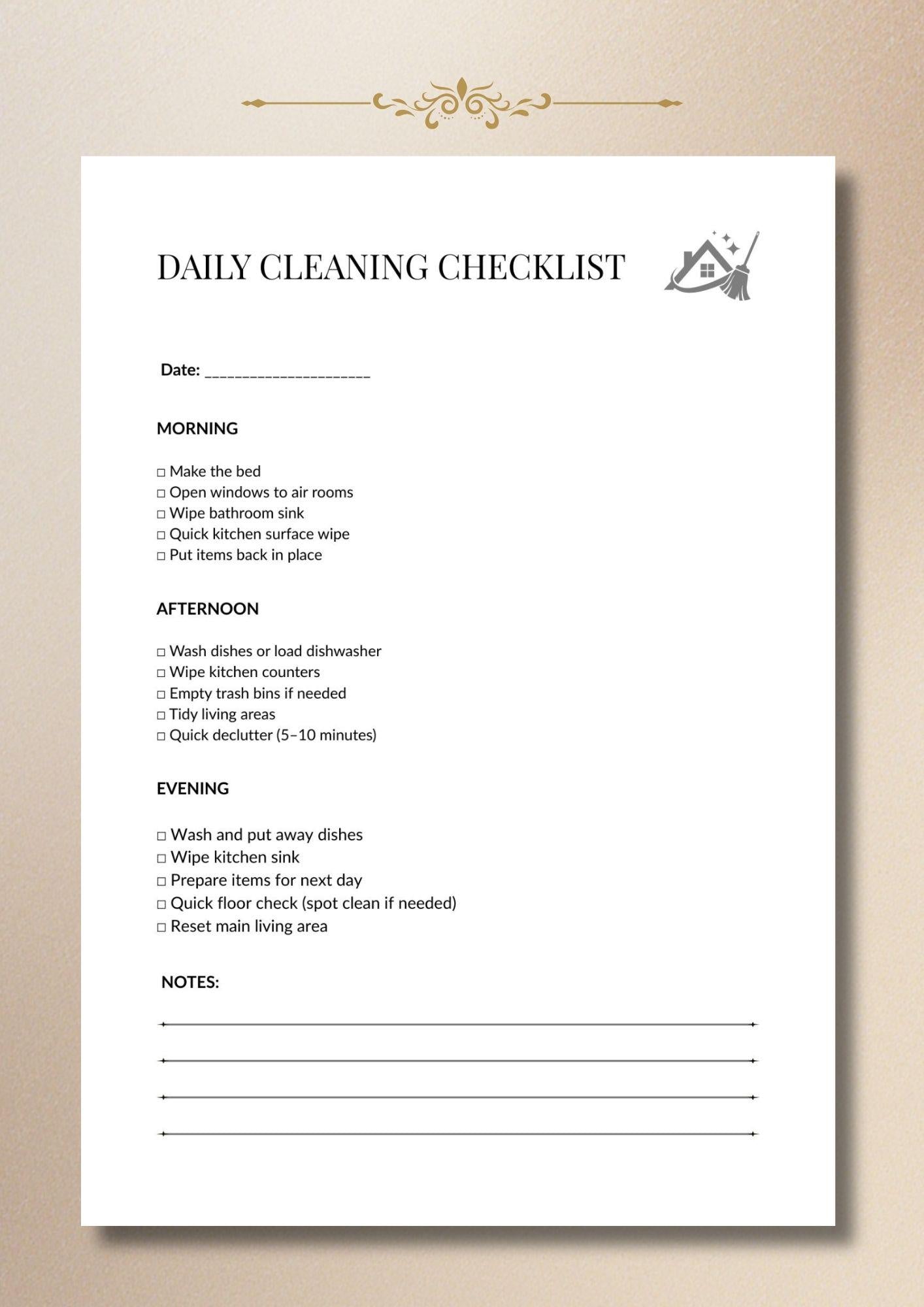 Daily Cleaning Checklist, House Cleaning Planner, Chore List A4 US Letter