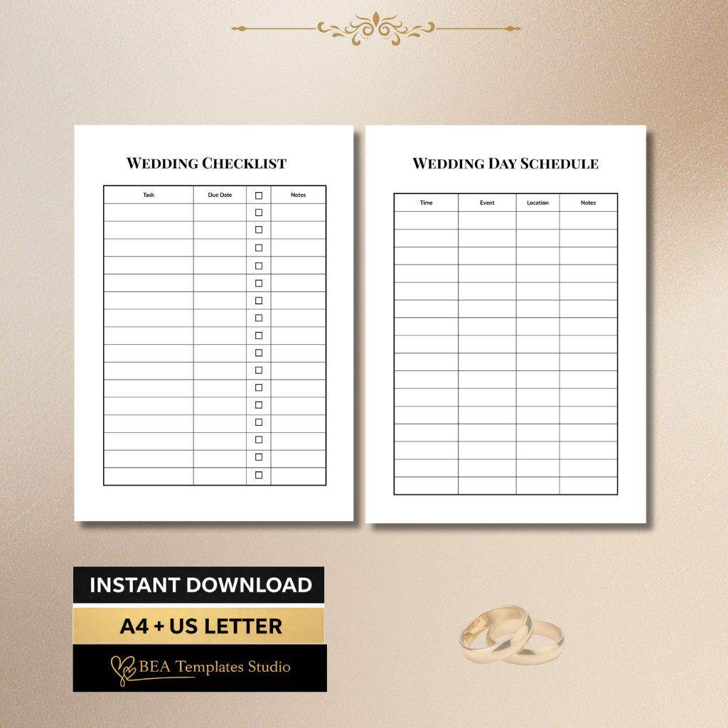 Wedding Planner Bundle, 7 Page Bridal Organizer, Checklist Budget Guest List Template A4 US Letter
