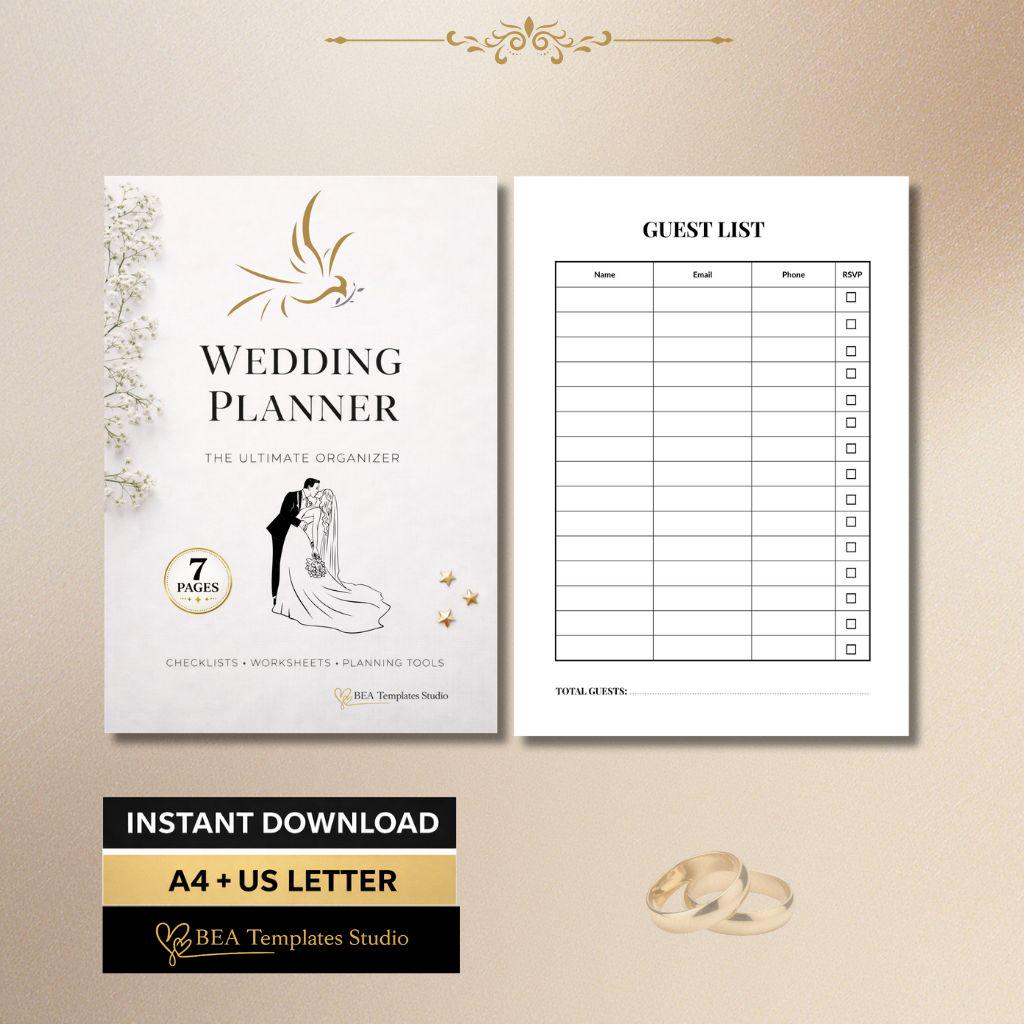 Wedding Planner Bundle, 7 Page Bridal Organizer, Checklist Budget Guest List Template A4 US Letter