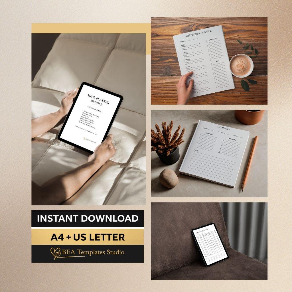 Weekly Monthly Meal Planner Bundle: Kitchen Food Tracker (A4 US Letter)