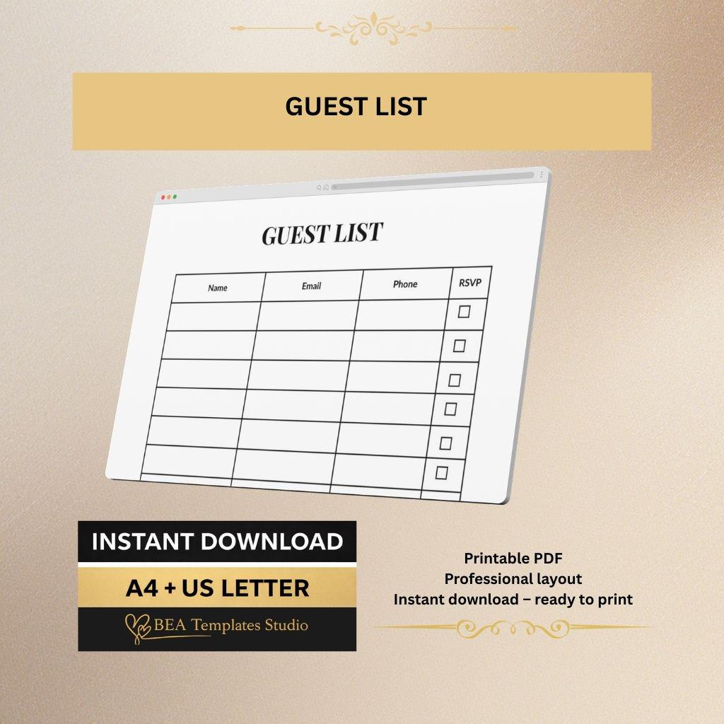 Wedding Guest List, Bridal RSVP Tracker, Guest Organizer Template A4 US Letter