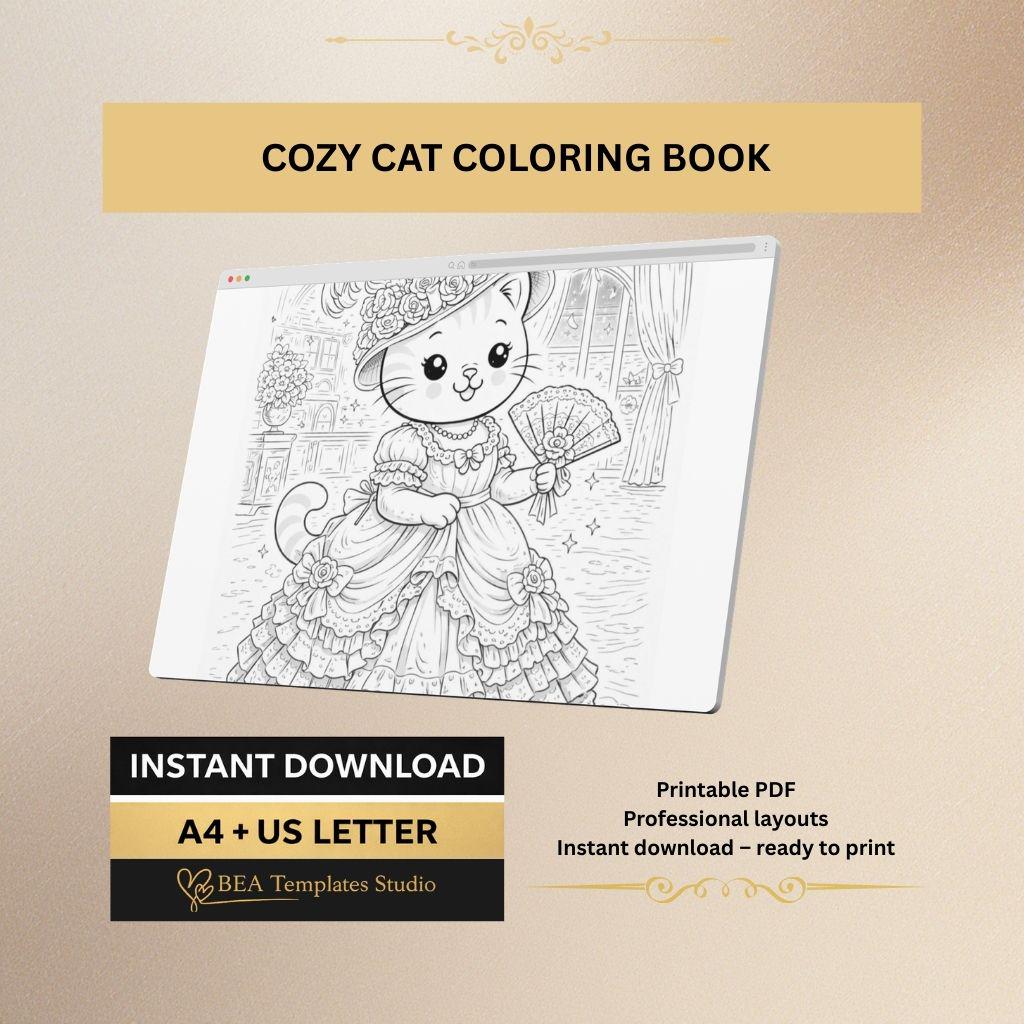 Cozy Cat Coloring Pages for Adults – Vintage Style, 6 Detailed Sheets (Digital Download)