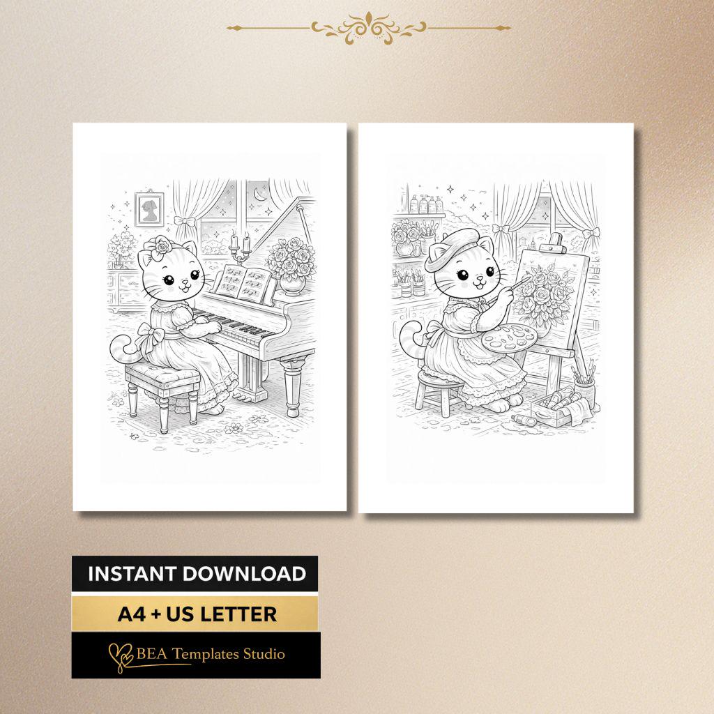 Cozy Cat Coloring Pages for Adults – Vintage Style, 6 Detailed Sheets (Digital Download)