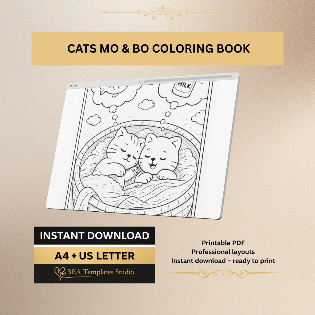 Cat Coloring Pages for Kids 4-8 Mo and Bo Story Printable PDF 6 Designs