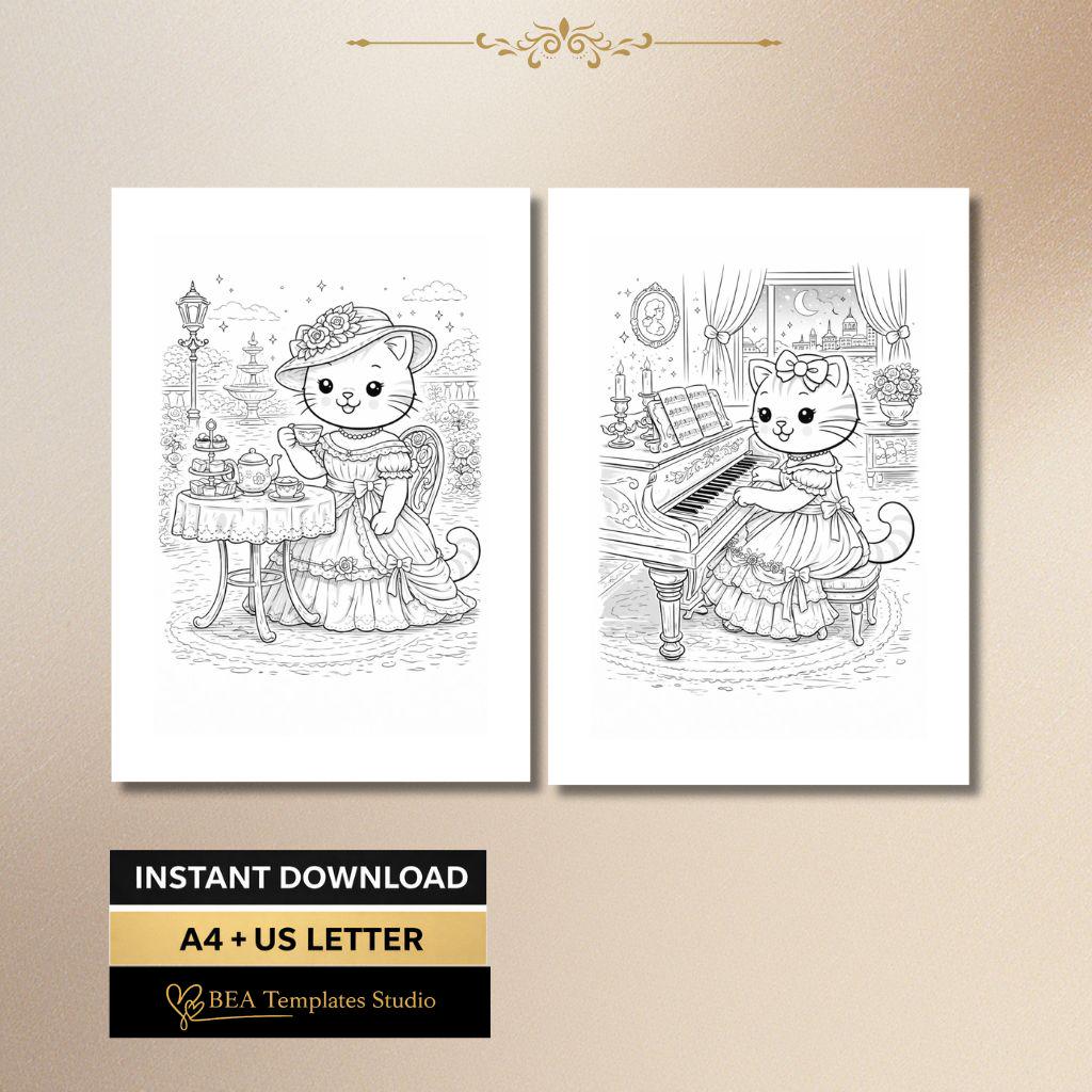 Vintage Cat Coloring Pages Printable PDF 6 Elegant Designs A4 US Letter