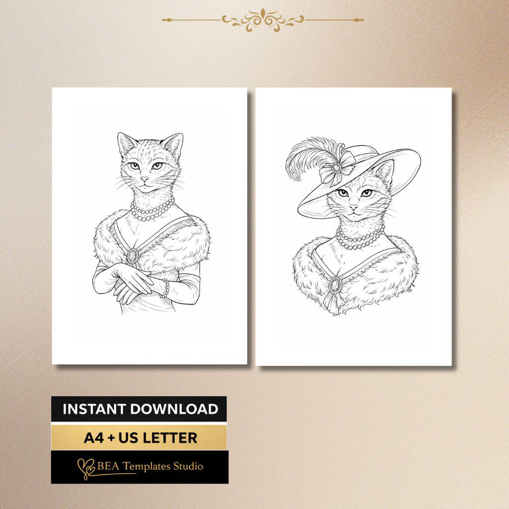 Vintage Cat Ladies Coloring Pages: Elegant Designs for Adults (Digital Download)