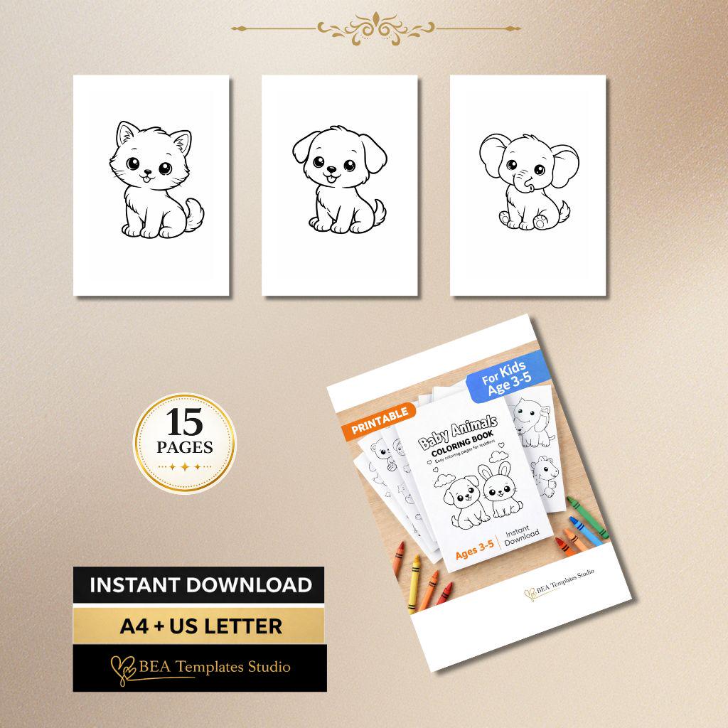 Baby Animals Coloring Pages for Toddlers – Easy Designs, Printable PDF (A4/US Letter)