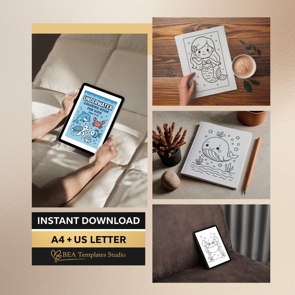 Underwater Animals Coloring Book for Kids 15 Pages Printable PDF