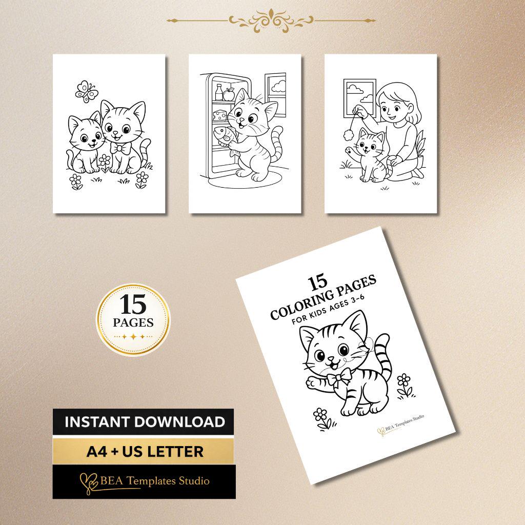 Kawaii Kitten Coloring Book for Kids Ages 3-6 15 Printable Pages PDF Download