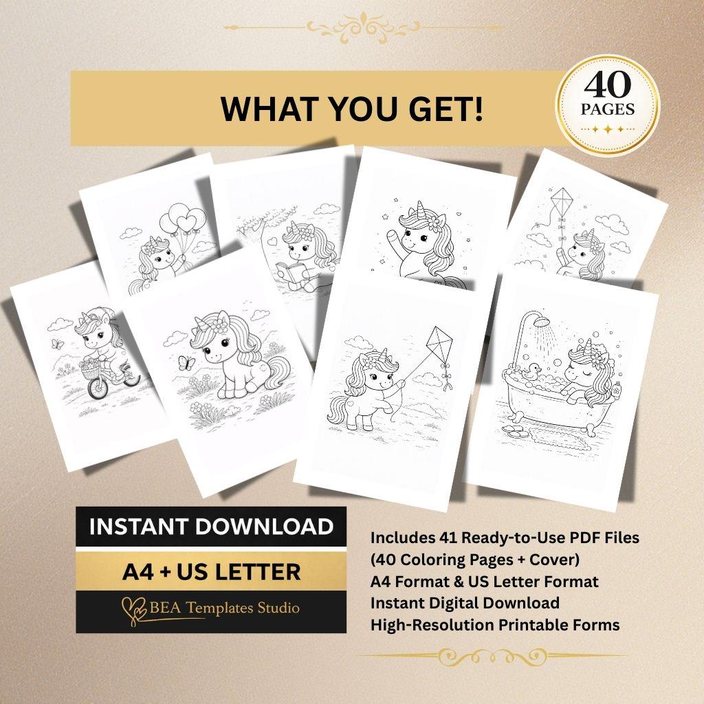 Unicorn Coloring Pages for Kids – 40 Printable Activity Sheets (PDF)