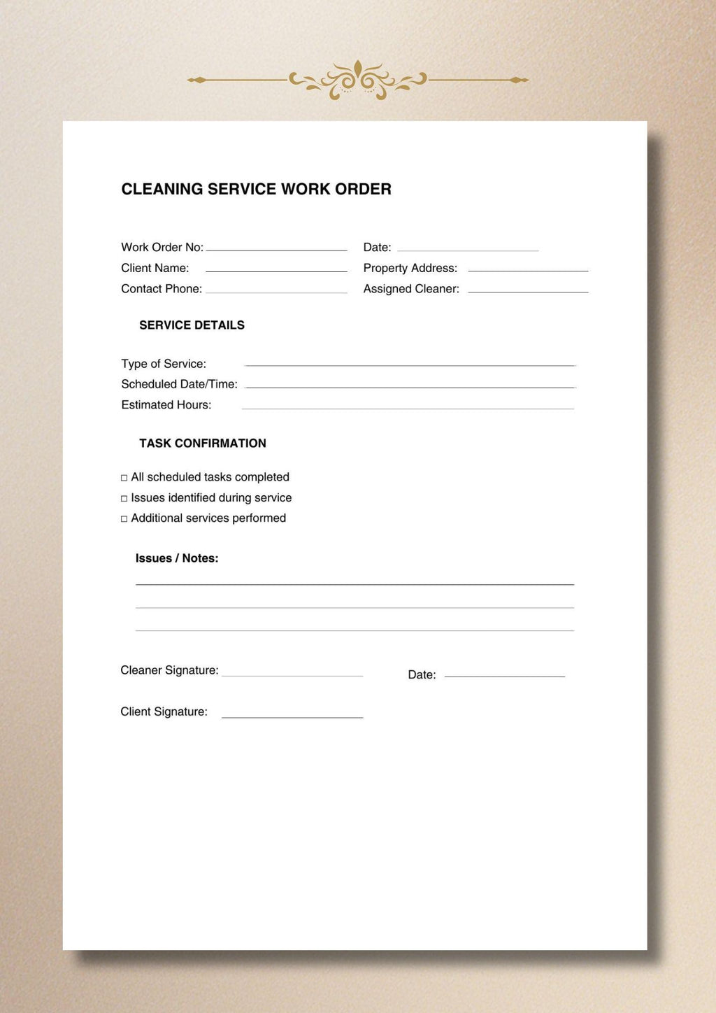 Cleaning Work Order Service Job Sheet Business Form House Office Template A4 US Letter
