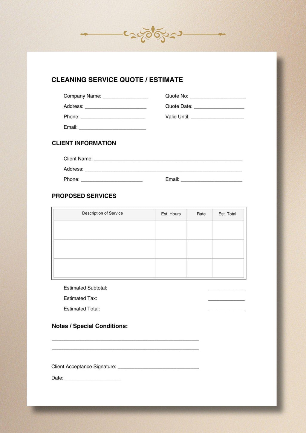 Cleaning Quote Template Service Estimate Form Pricing Sheet Business Proposal A4 US Letter