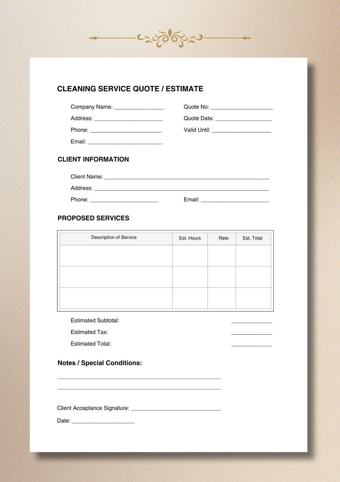 Cleaning Quote Template Service Estimate Form Pricing Sheet Business Proposal A4 US Letter