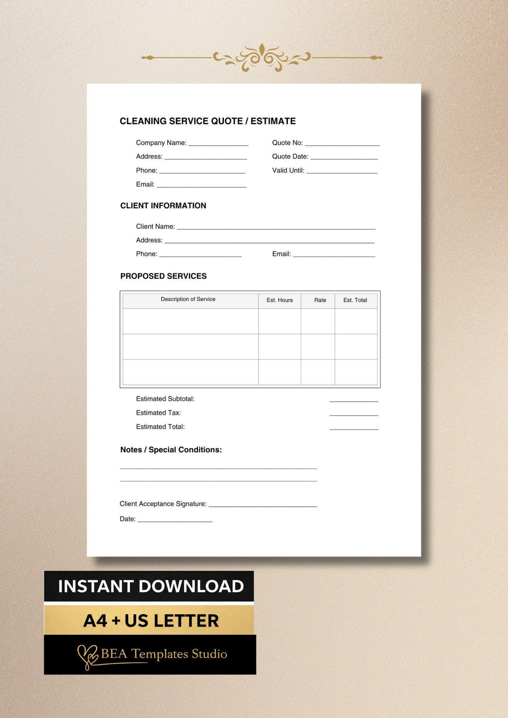 Cleaning Quote Template Service Estimate Form Pricing Sheet Business Proposal A4 US Letter