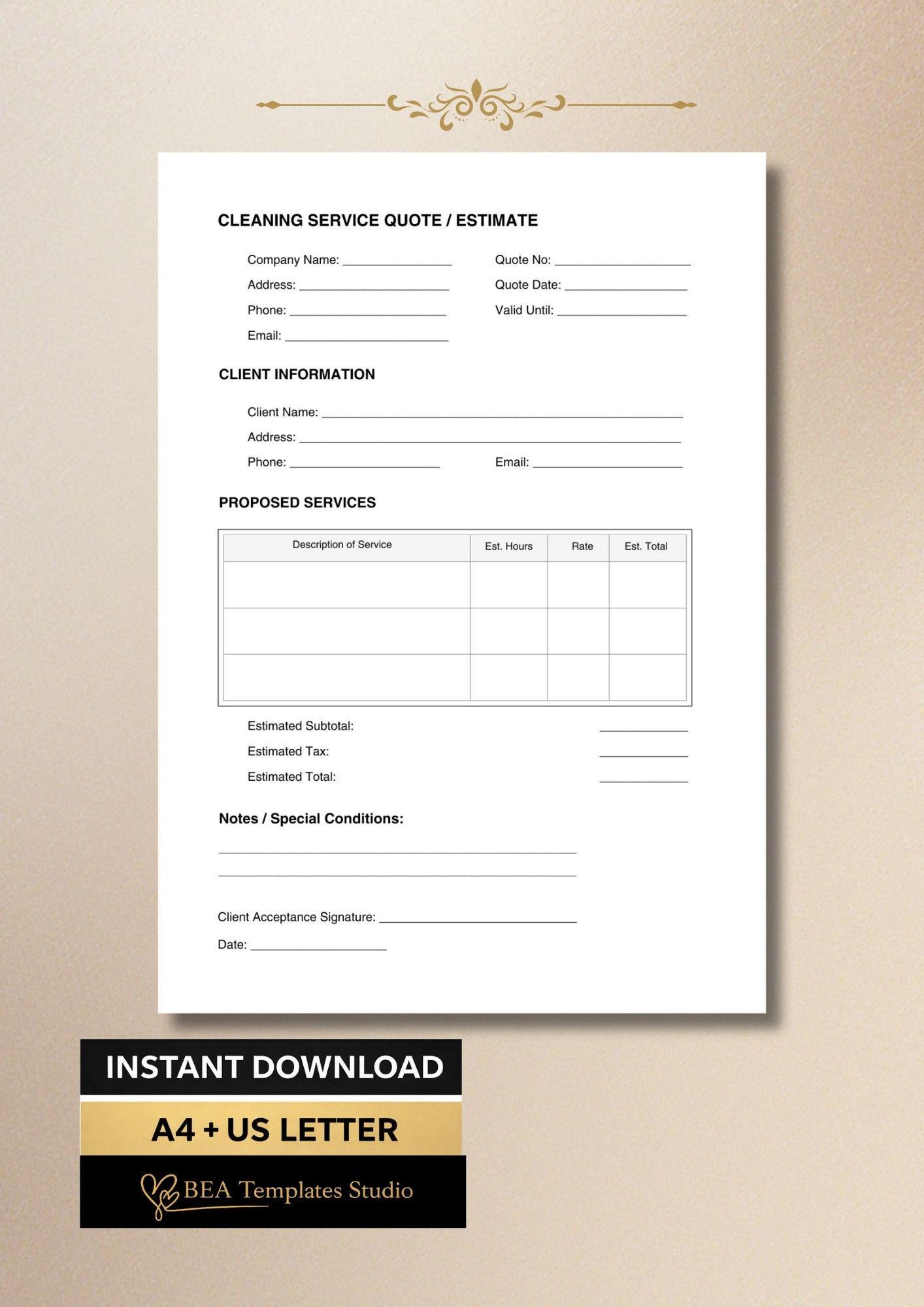 Cleaning Quote Template Service Estimate Form Pricing Sheet Business Proposal A4 US Letter