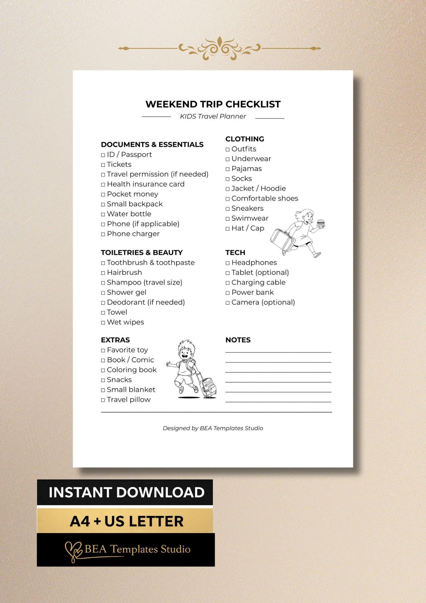 Kids Travel Checklist Packing List Family Weekend Trip Planner Printable PDF A4 US Letter