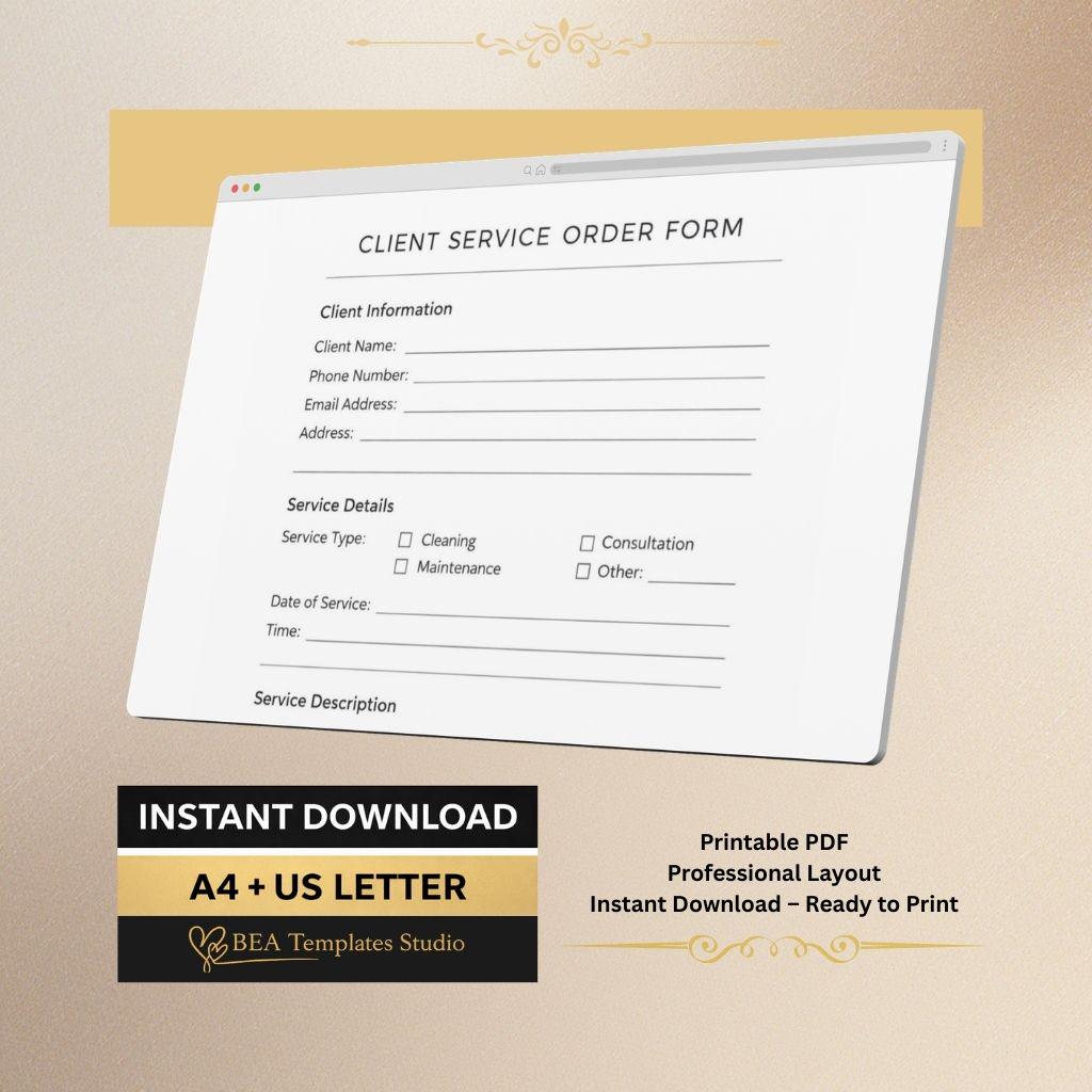 Client Service Order Form, Small Business Template (A4, US Letter)
