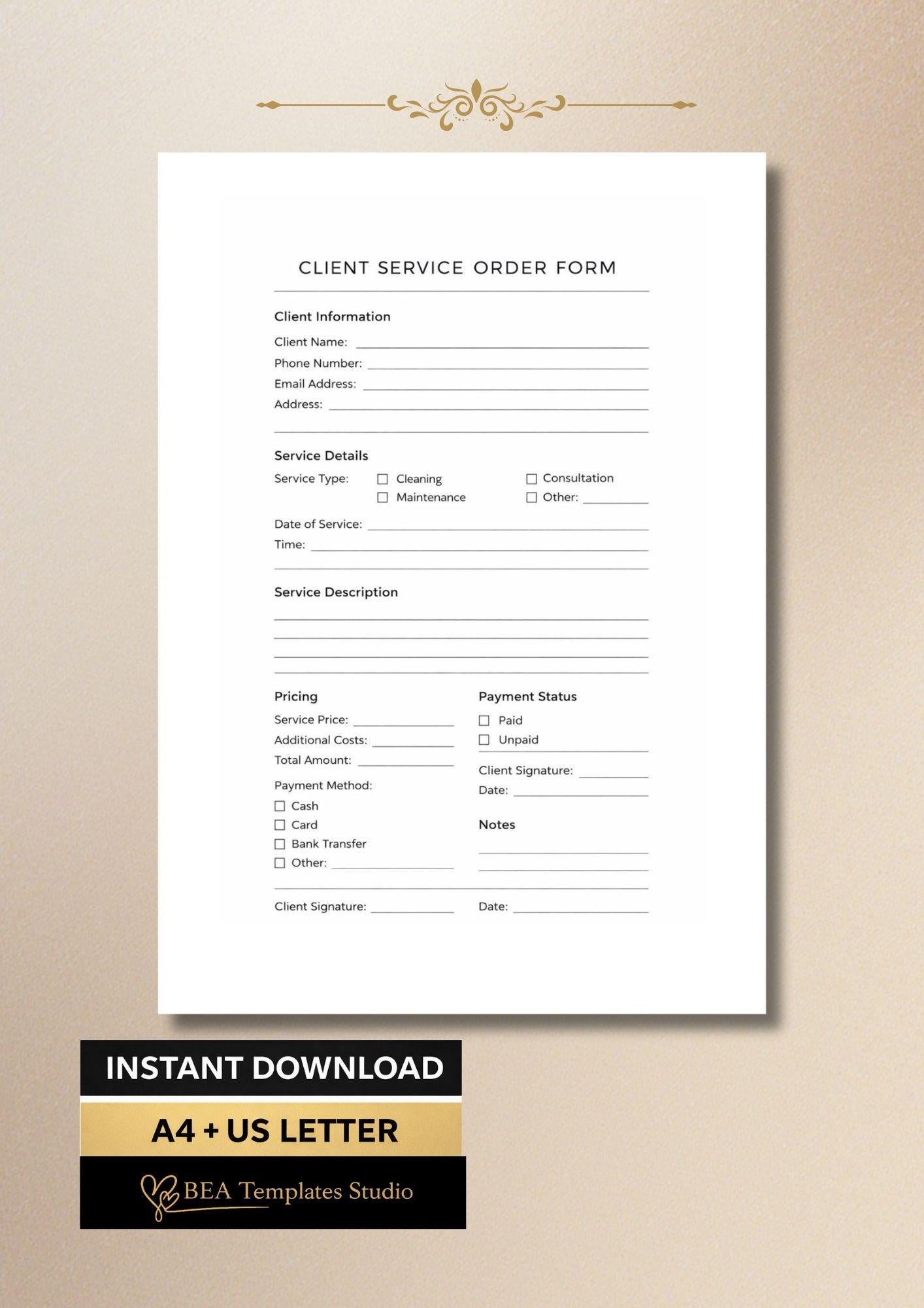 Client Service Order Form, Small Business Template (A4, US Letter)