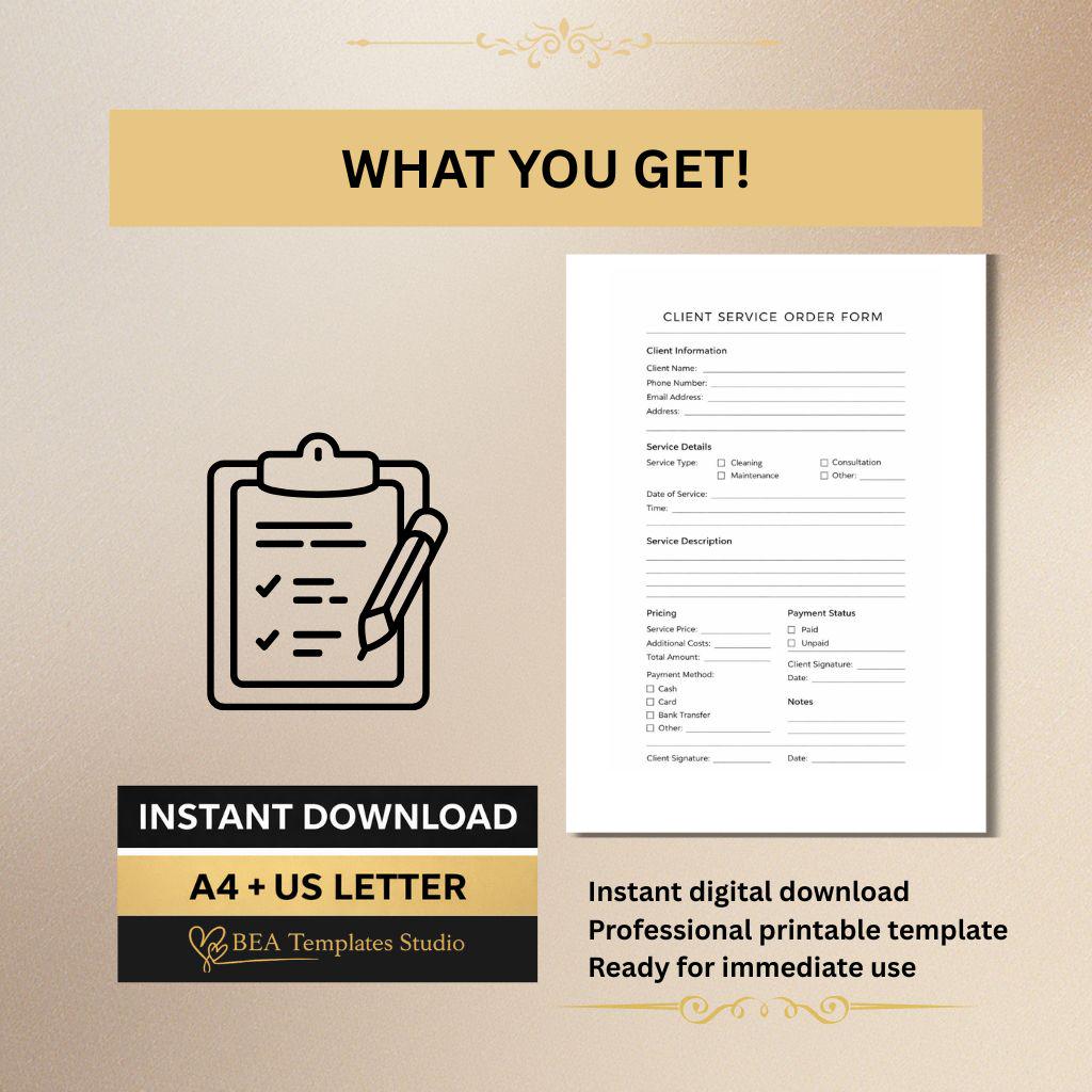 Client Service Order Form, Small Business Template (A4, US Letter)
