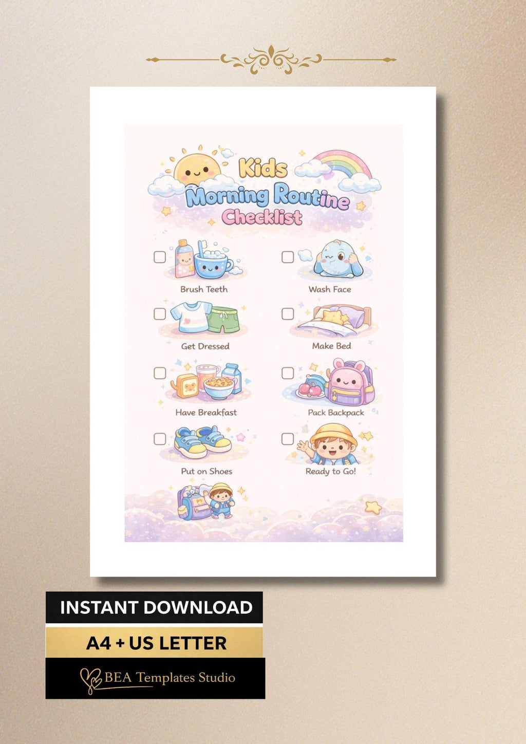Kids Morning Routine Checklist Printable Daily Schedule Chart English PDF A4 US Letter