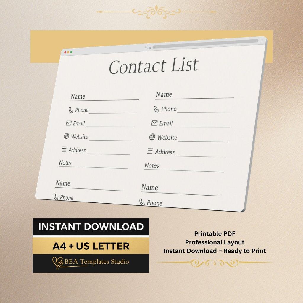 Contact List Printable Minimal Address Book PDF English A4 US Letter
