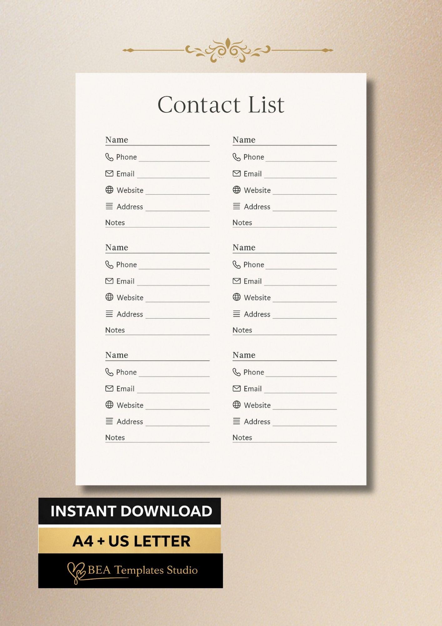 Contact List Printable Minimal Address Book PDF English A4 US Letter