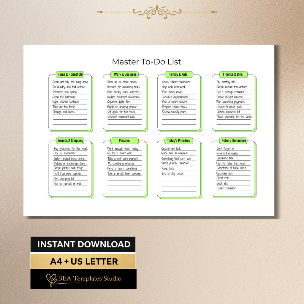 Master To Do List Printable PDF 4 Color Versions Minimal Planner A4 US Letter
