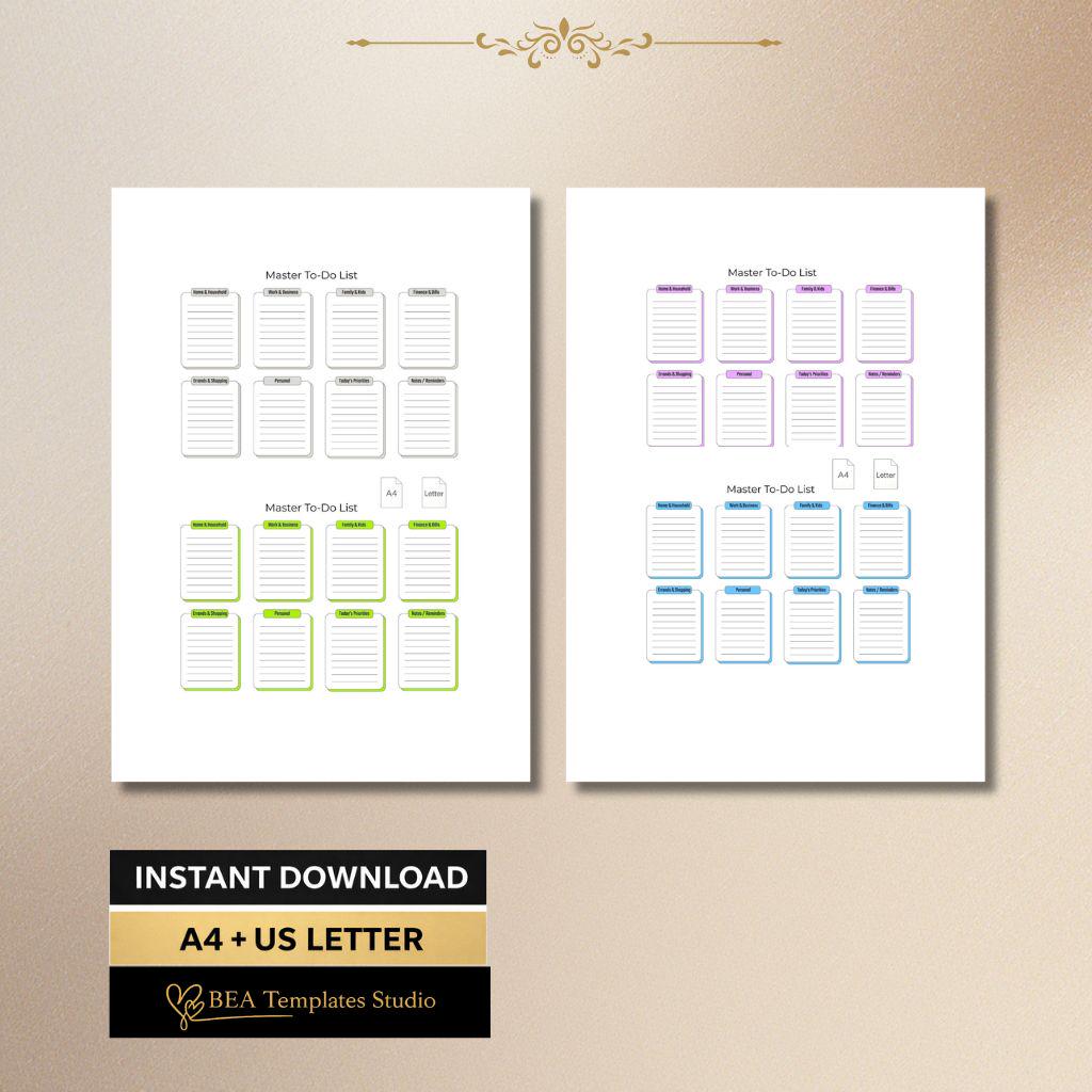 Master To Do List Printable PDF 4 Color Versions Minimal Planner A4 US Letter
