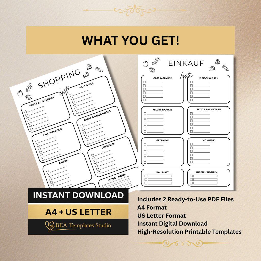 Bilingual Shopping List Printable Minimalist Grocery Organizer PDF