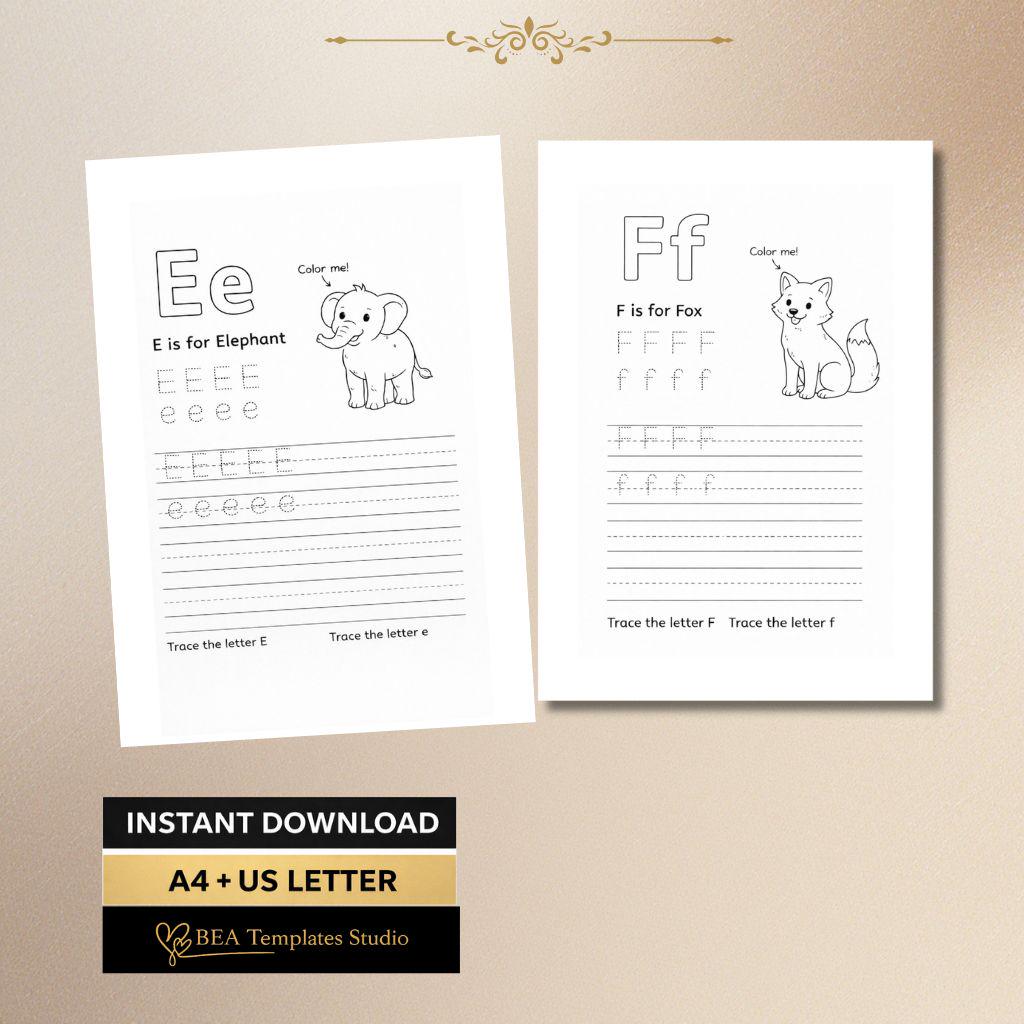 A–F Alphabet Tracing Worksheets, Animal Letter Practice, Preschool Printable PDF