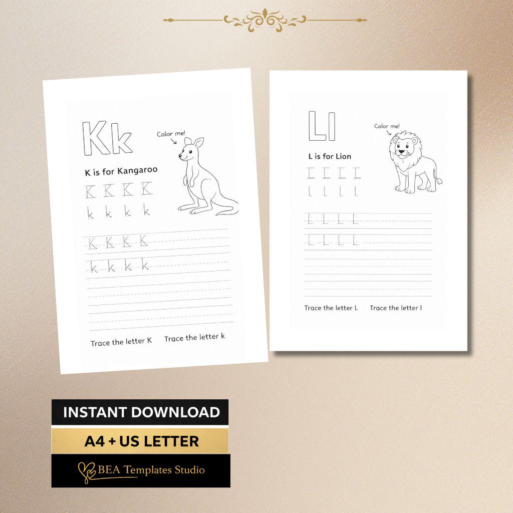 G–L Alphabet Tracing Worksheets, Animal Letter Handwriting Practice Printable for Preschool, Instant Download PDF
