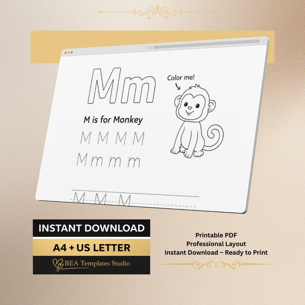M–R Alphabet Tracing Worksheets, Animal Letter Handwriting Practice Printable for Preschool, Instant Download PDF