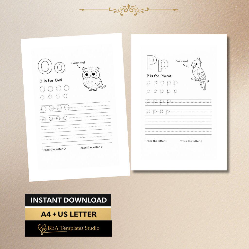 M–R Alphabet Tracing Worksheets, Animal Letter Handwriting Practice Printable for Preschool, Instant Download PDF