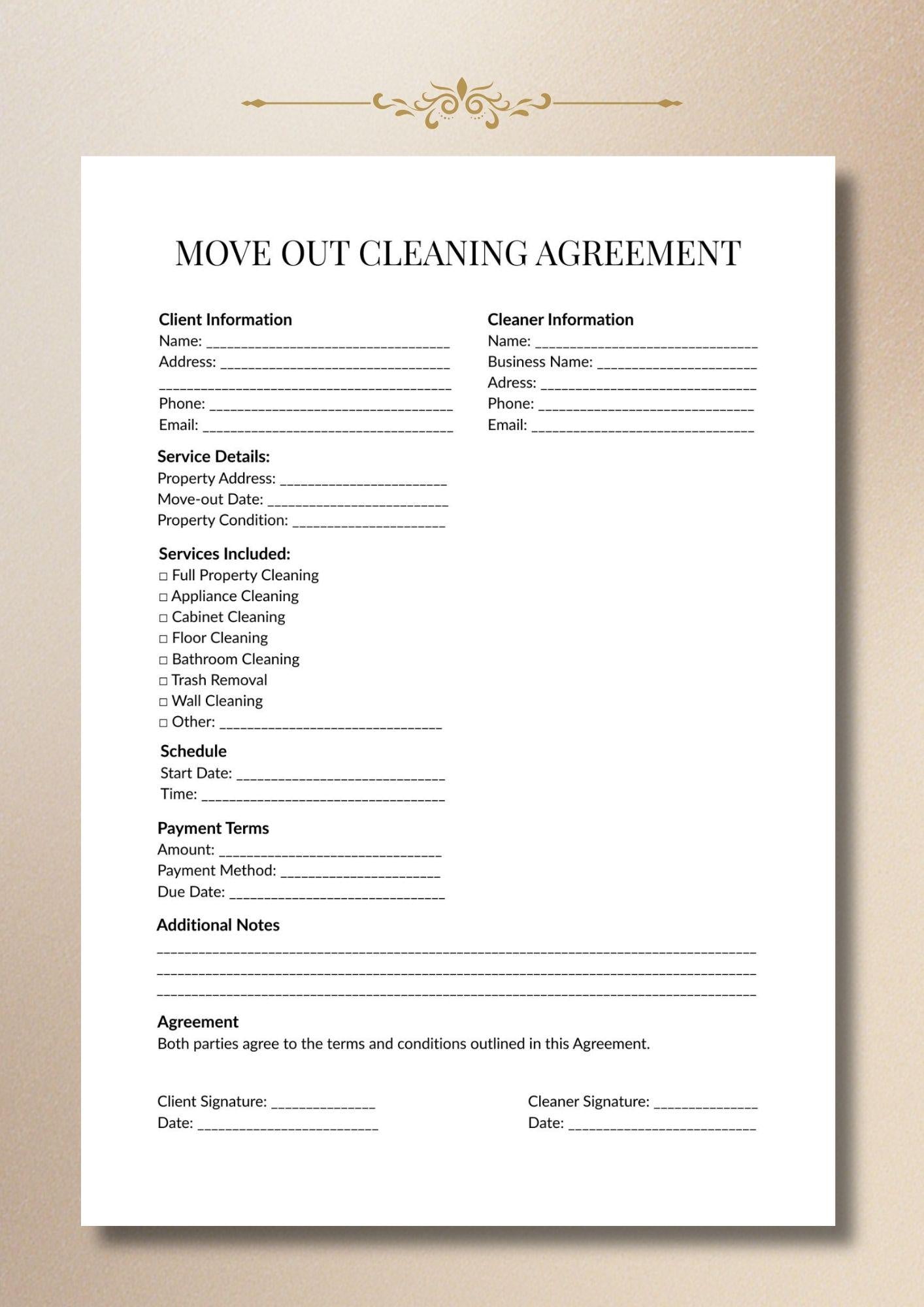 Move Out Cleaning Agreement Template, Tenant Contract, Cleaning Business Service Form (Digital Download)