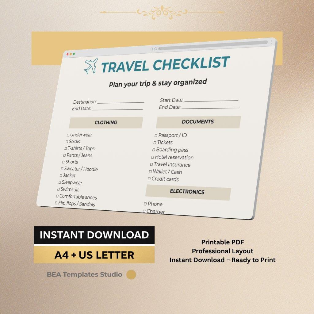Travel Checklist Printable PDF, Packing List Planner, Vacation Organizer A4 US Letter