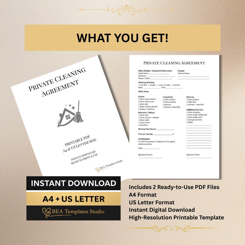 Residential Cleaning Contract Template, Service Agreement PDF, Printable Editable Form