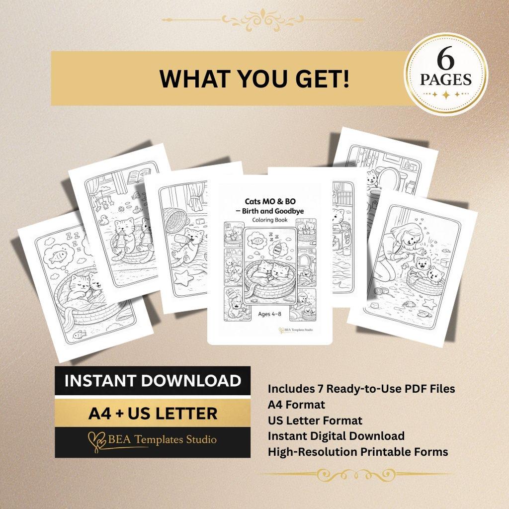 Cat Coloring Pages for Kids 4-8 Mo and Bo Story Printable PDF 6 Designs