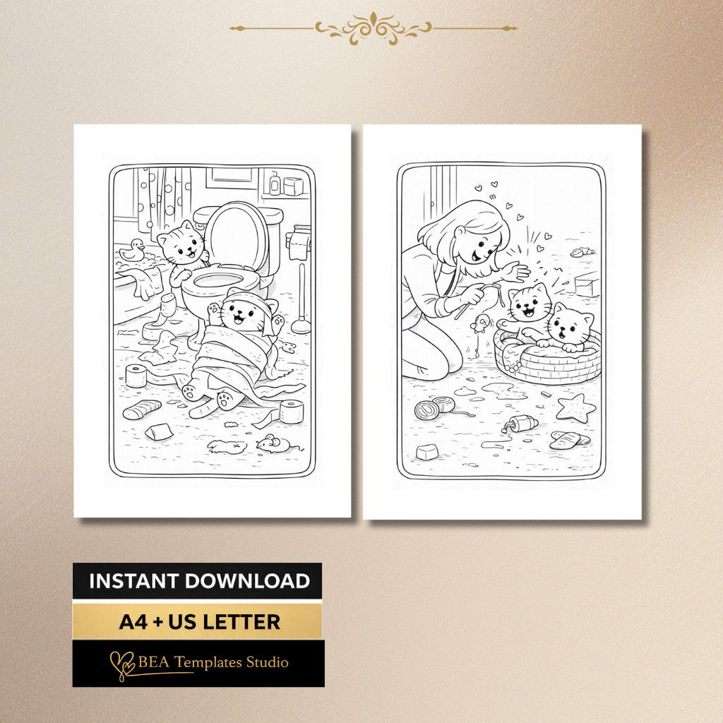 Cat Coloring Pages for Kids 4-8 Mo and Bo Story Printable PDF 6 Designs