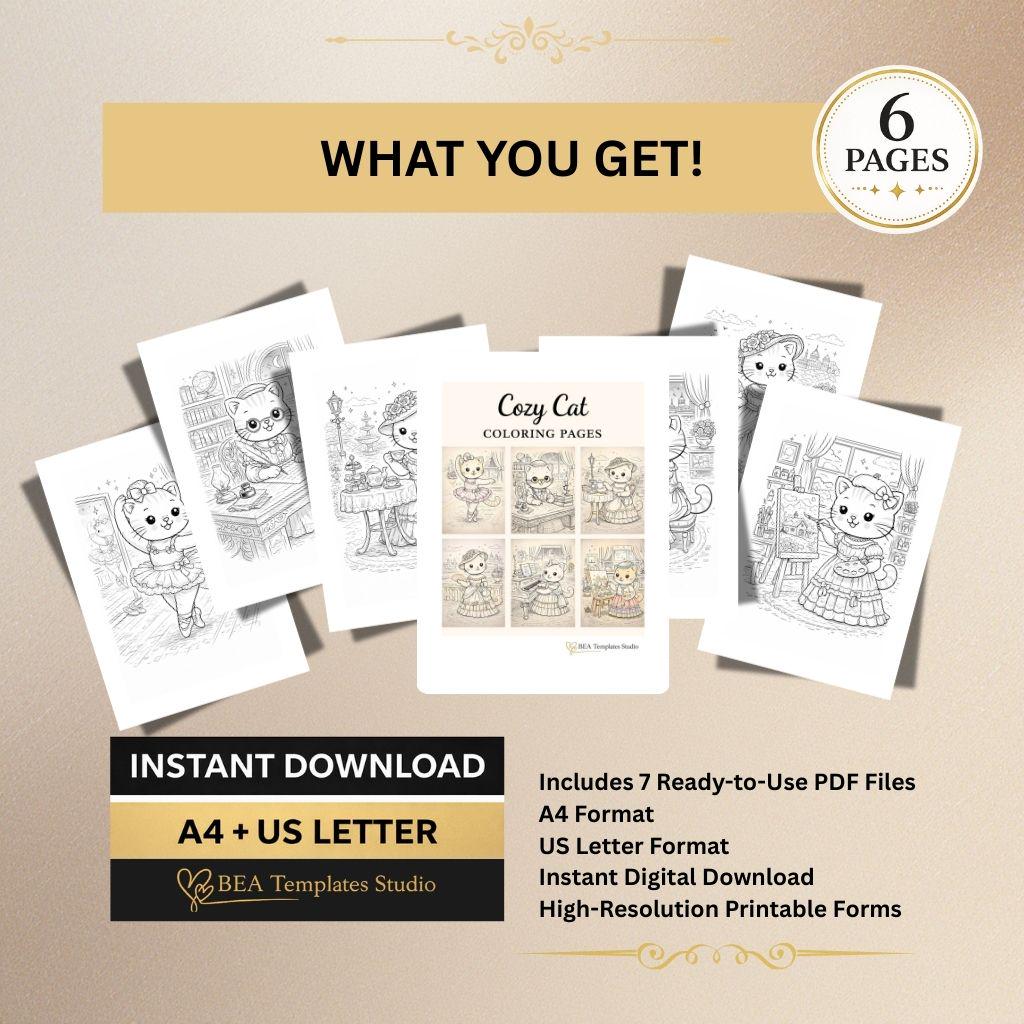 Vintage Cat Coloring Pages Printable PDF 6 Elegant Designs A4 US Letter