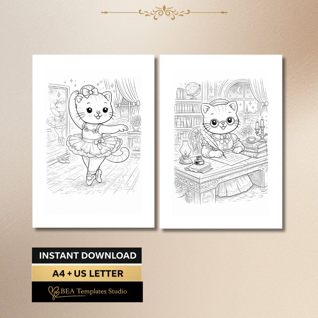 Vintage Cat Coloring Pages Printable PDF 6 Elegant Designs A4 US Letter
