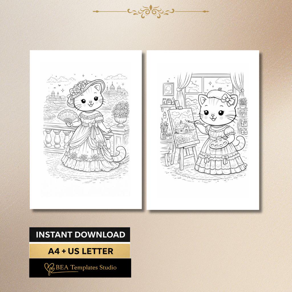 Vintage Cat Coloring Pages Printable PDF 6 Elegant Designs A4 US Letter