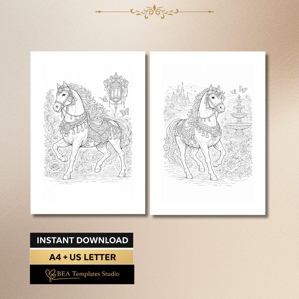 Vintage Boho Horse Coloring Pages for Adults (6 Designs, PDF Download)