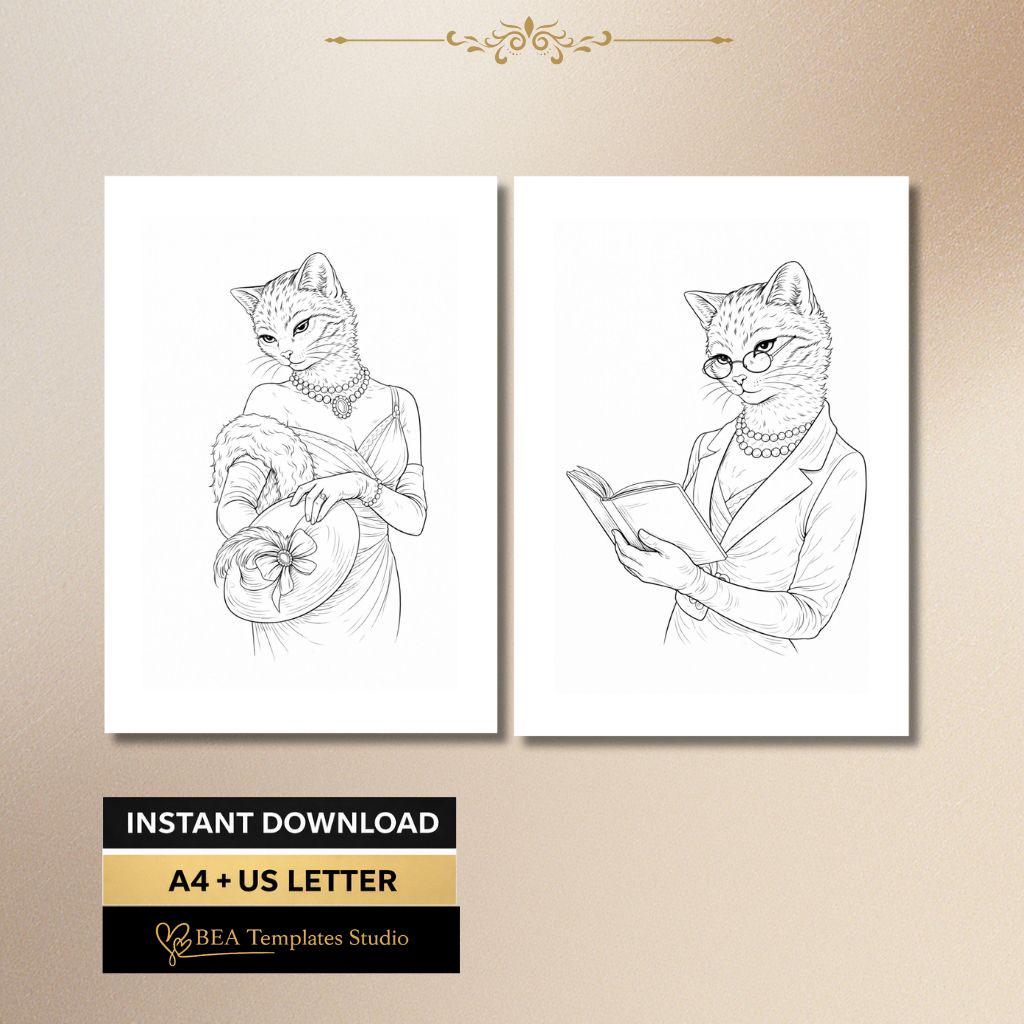 Vintage Cat Ladies Coloring Pages: Elegant Designs for Adults (Digital Download)